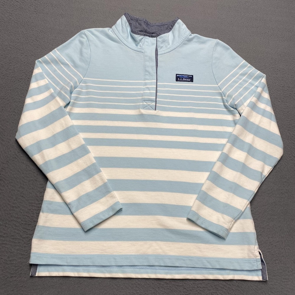 L.L.Bean Shirt Womens Small Blue White Stripe Mock Neck Long Sleeve Nautical
